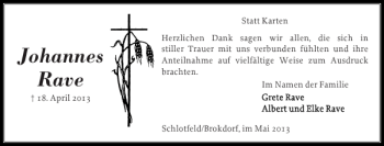Traueranzeige von Johannes Rave von Norddeutsche Rundschau