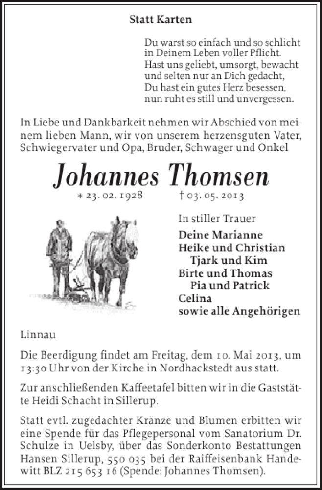  Traueranzeige für Johannes Thomsen vom 06.05.2013 aus Flensburger Tageblatt
