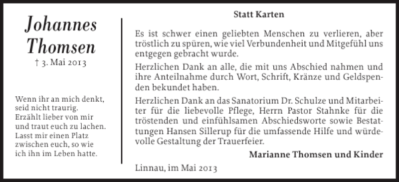  Traueranzeige für Johannes Thomsen vom 25.05.2013 aus Flensburger Tageblatt