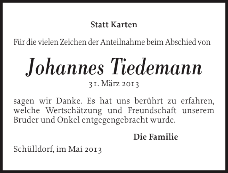  Traueranzeige für Johannes Tiedemann vom 11.05.2013 aus Landeszeitung