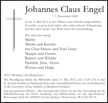 Traueranzeige von Johannes Claus Engel von Nordfriesland Tageblatt