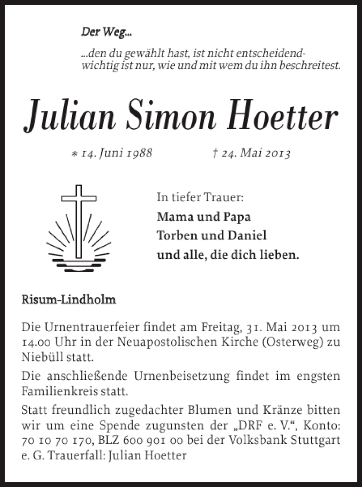  Traueranzeige für Julian Simon Hoetter vom 28.05.2013 aus Nordfriesland Tageblatt
