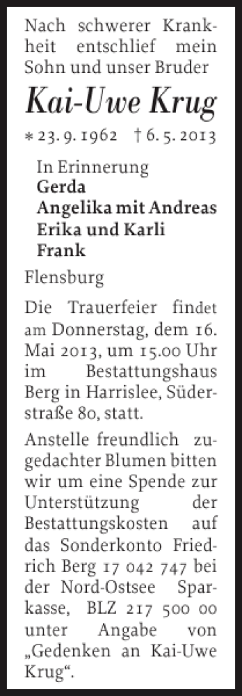  Traueranzeige für Kai-Uwe Krug vom 11.05.2013 aus Flensburger Tageblatt
