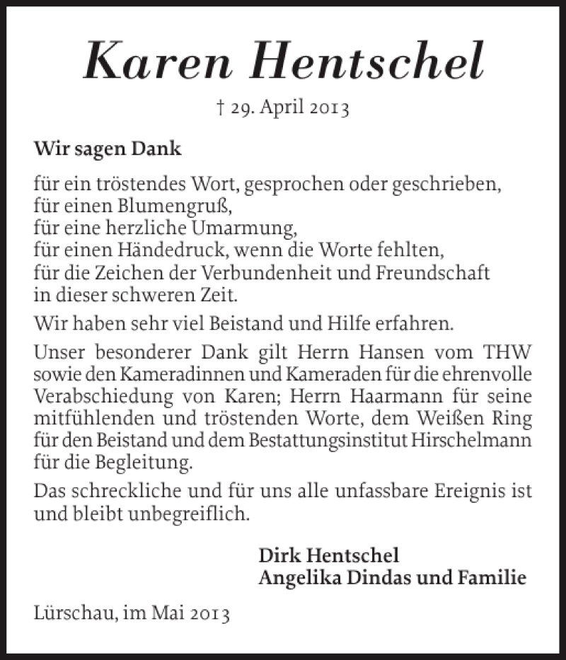  Traueranzeige für Karen Hentschel vom 29.05.2013 aus Schleswiger Nachrichten