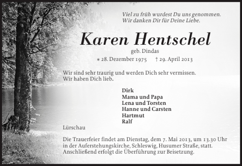  Traueranzeige für Karen Hentschel vom 04.05.2013 aus Schleswiger Nachrichten