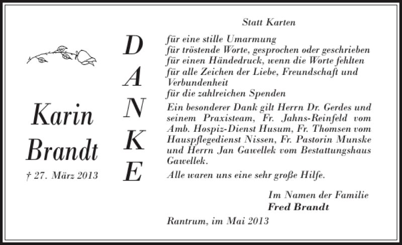  Traueranzeige für Karin Brandt vom 07.05.2013 aus Husumer Nachrichten