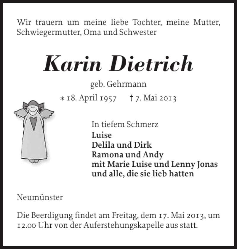 Traueranzeige für Karin Dietrich vom 11.05.2013 aus Holsteinischer Courier