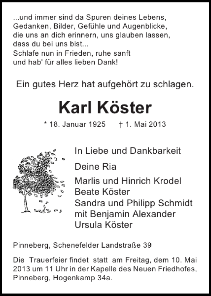  Traueranzeige für Karl Köster vom 04.05.2013 aus Pinneberger Tageblatt