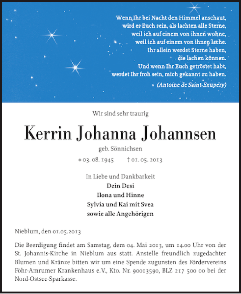  Traueranzeige für Kerrin Johanna Johannsen vom 03.05.2013 aus Der Insel-Bote