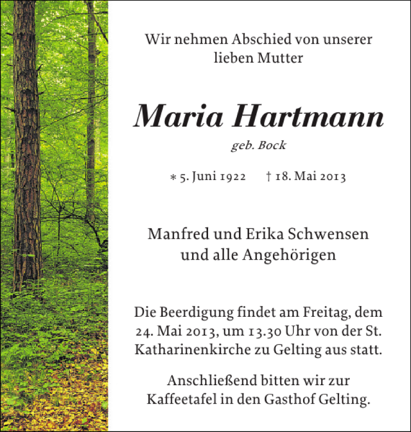  Traueranzeige für Maria Hartmann vom 22.05.2013 aus Flensburger Tageblatt