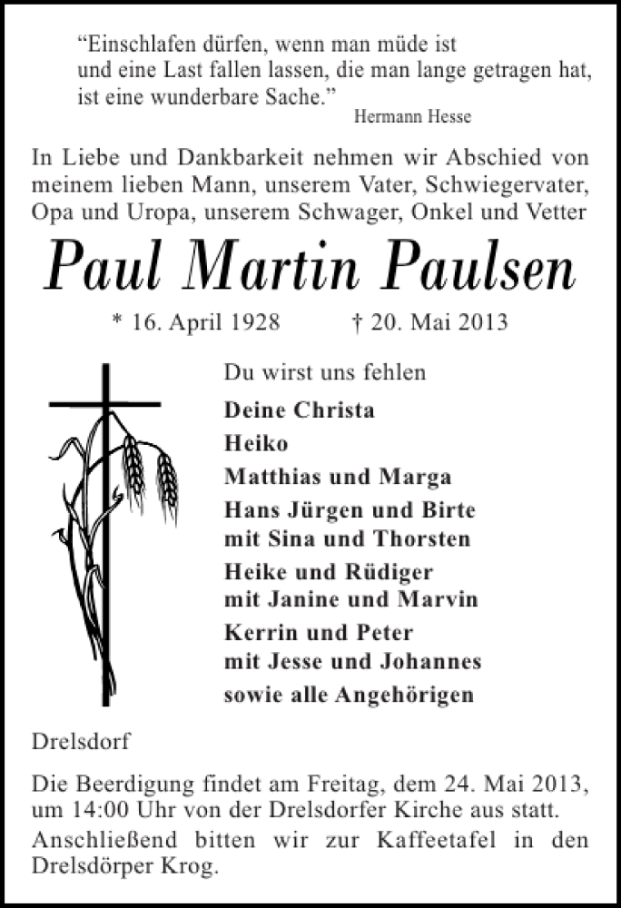  Traueranzeige für Paul Martin Paulsen vom 22.05.2013 aus Husumer Nachrichten