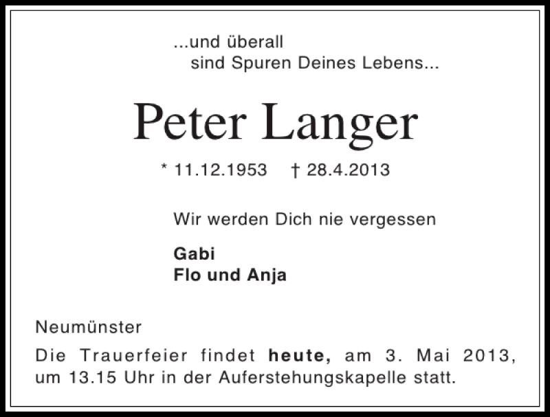  Traueranzeige für Peter Langer vom 03.05.2013 aus Holsteinischer Courier