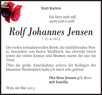 Traueranzeige von Rolf Johannes Jensen von Der Insel-Bote