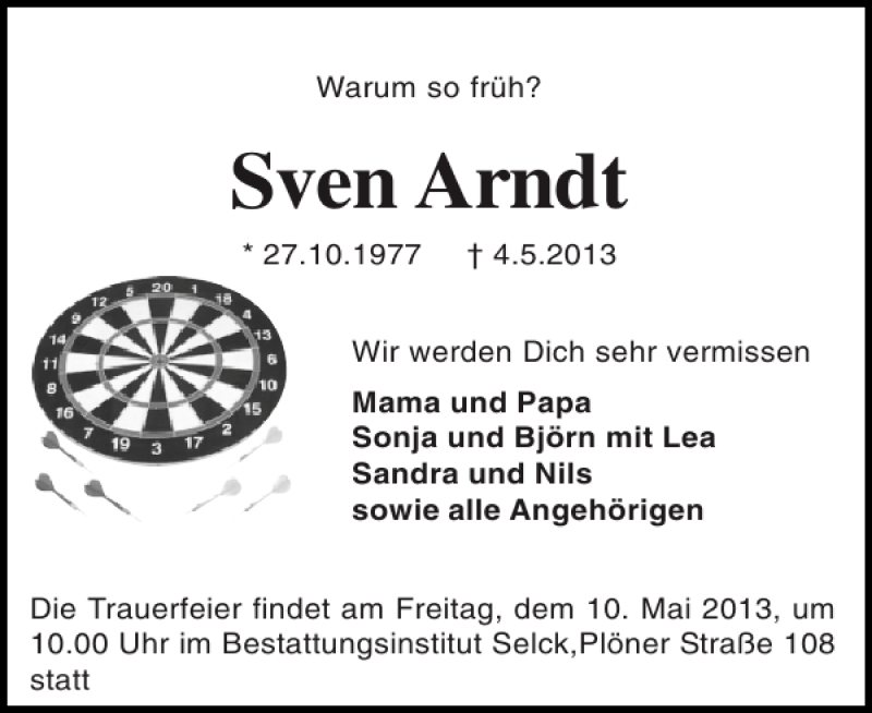  Traueranzeige für Sven Arndt vom 08.05.2013 aus Holsteinischer Courier