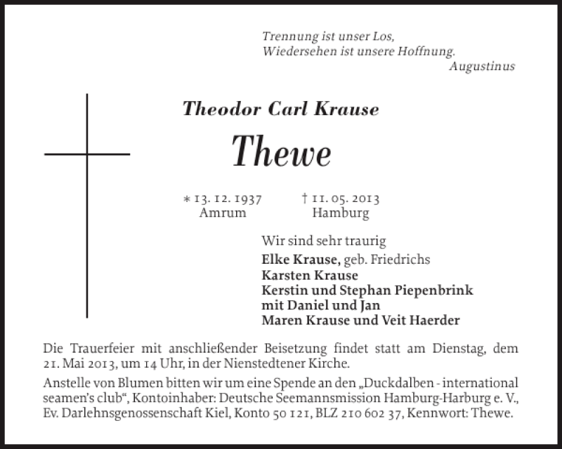  Traueranzeige für Theodor Carl Krause 'Thewe' vom 15.05.2013 aus Der Insel-Bote