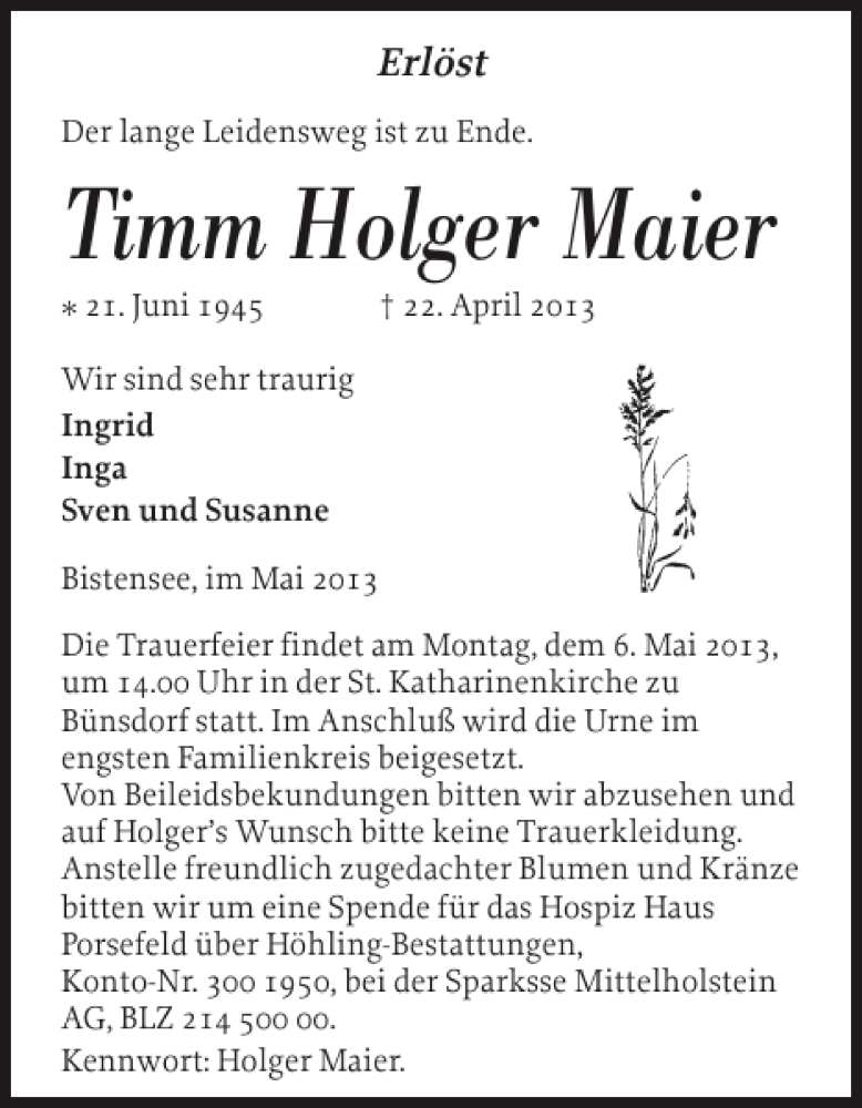  Traueranzeige für Timm Holger Maier vom 02.05.2013 aus Landeszeitung