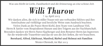 Traueranzeige von Willi Thurow von Husumer Nachrichten