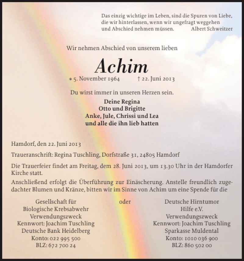  Traueranzeige für Achim  vom 26.06.2013 aus Landeszeitung