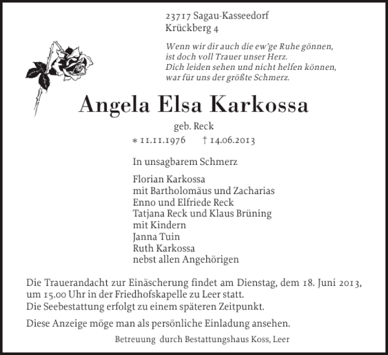  Traueranzeige für Angela Elsa Karkossa vom 17.06.2013 aus Ostholsteiner Anzeiger