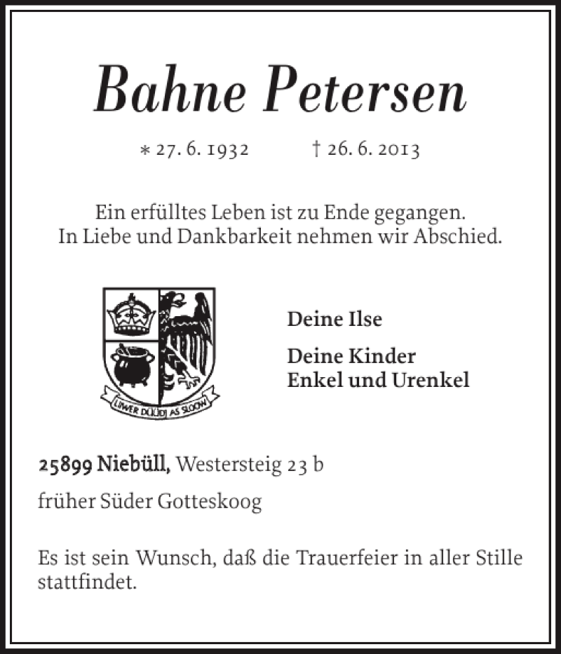  Traueranzeige für Bahne Petersen vom 29.06.2013 aus Nordfriesland Tageblatt