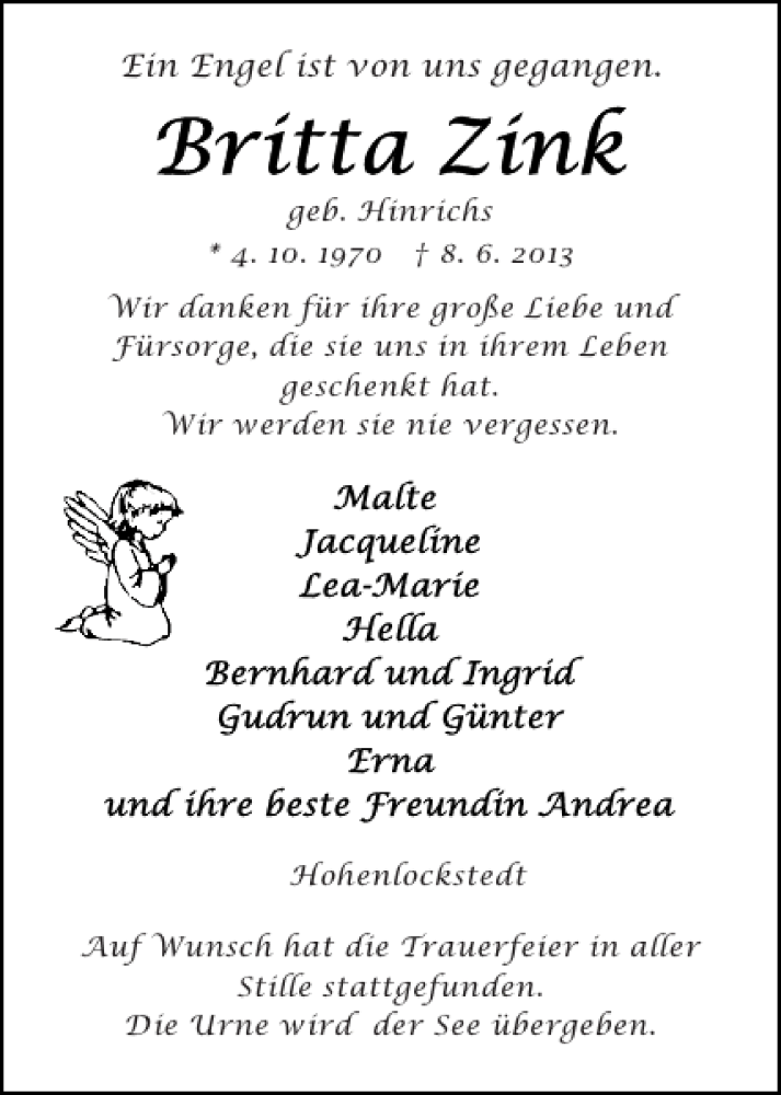  Traueranzeige für Britta Zink vom 15.06.2013 aus Norddeutsche Rundschau