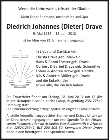 Traueranzeige von Diedrich Johannes Dieter Drave von Pinneberger Tageblatt
