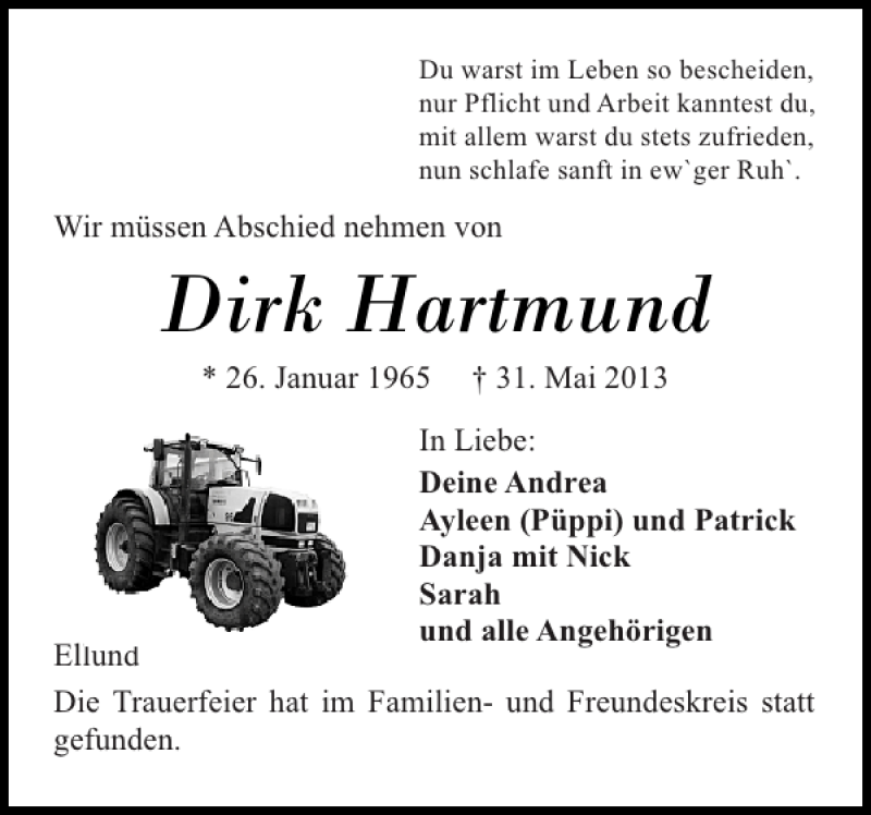  Traueranzeige für Dirk Hartmund vom 07.06.2013 aus Flensburger Tageblatt