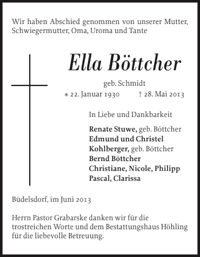  Traueranzeige für Ella Böttcher vom 06.06.2013 aus Landeszeitung