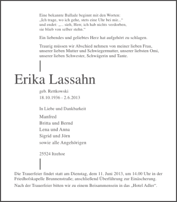 Traueranzeige von Erika Lassahn von Norddeutsche Rundschau