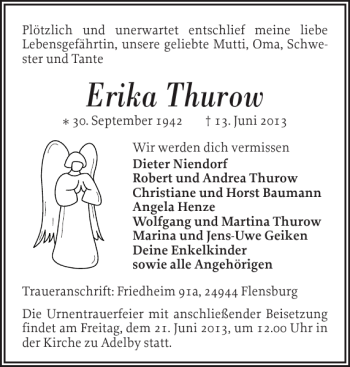 Traueranzeige von Erika Thurow von Flensburger Tageblatt