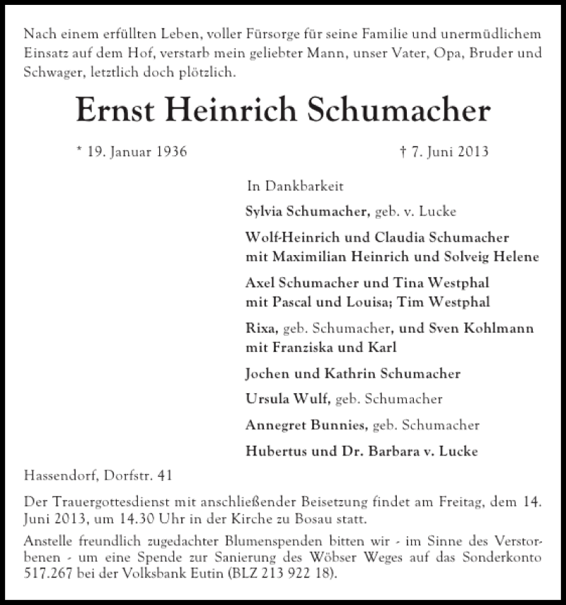  Traueranzeige für Ernst Heinrich Schumacher vom 12.06.2013 aus Ostholsteiner Anzeiger