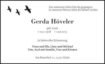 Traueranzeige von Gerda Höveler von Ostholsteiner Anzeiger