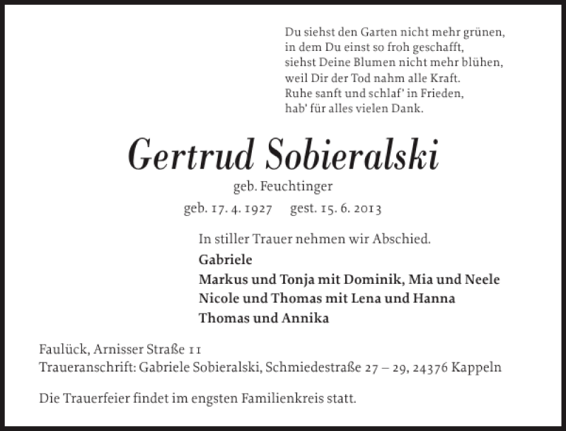  Traueranzeige für Gertrud Sobieralski vom 17.06.2013 aus Schlei-Bote