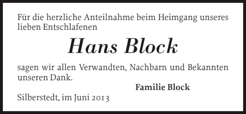  Traueranzeige für Hans Block vom 08.06.2013 aus Schleswiger Nachrichten