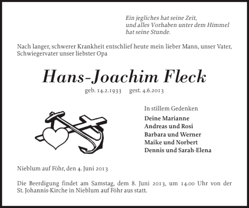  Traueranzeige für Hans-Joachim Fleck vom 06.06.2013 aus Der Insel-Bote