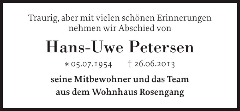  Traueranzeige für Hans-Uwe Petersen vom 29.06.2013 aus Eckernförder Zeitung