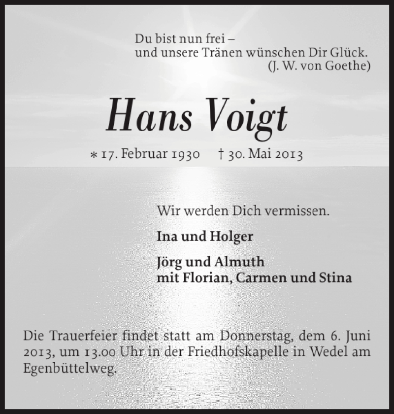  Traueranzeige für Hans Voigt vom 01.06.2013 aus Pinneberger Tageblatt