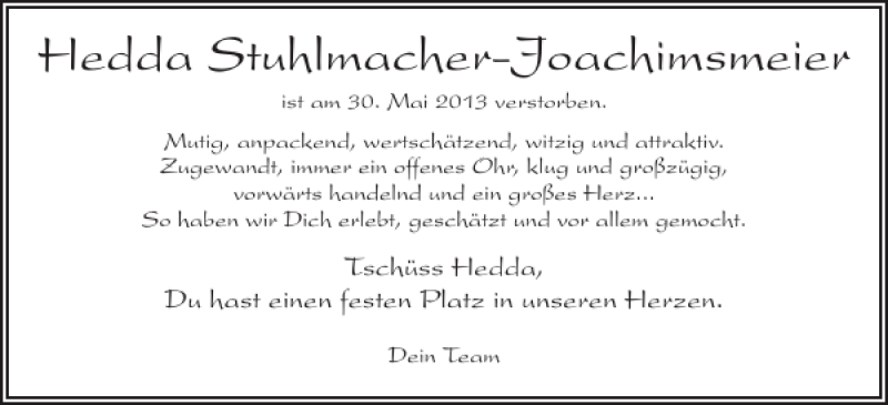  Traueranzeige für Hedda Stuhlmacher-Joachimsmeier vom 08.06.2013 aus Elmshorner Nachrichten