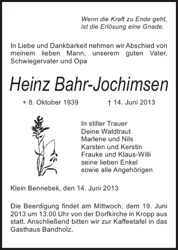  Traueranzeige für Heinz Bahr-Jochimsen vom 17.06.2013 aus Schleswiger Nachrichten