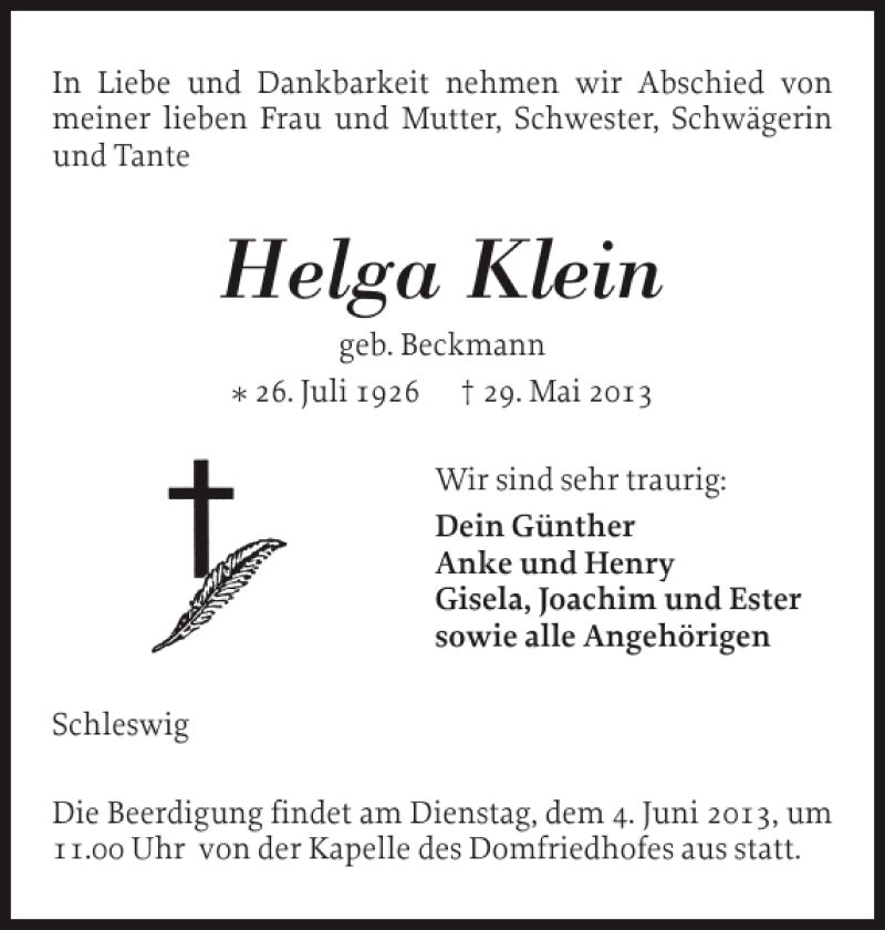  Traueranzeige für Helga Klein vom 01.06.2013 aus Schleswiger Nachrichten