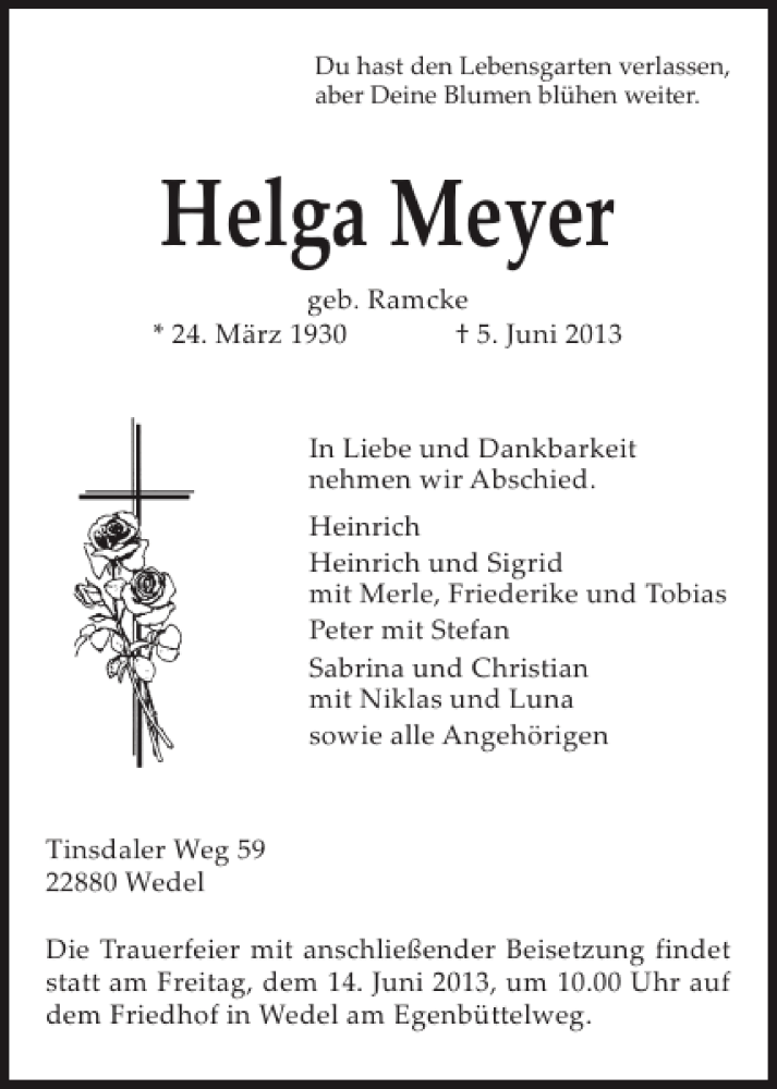  Traueranzeige für Helga Meyer vom 08.06.2013 aus Pinneberger Tageblatt