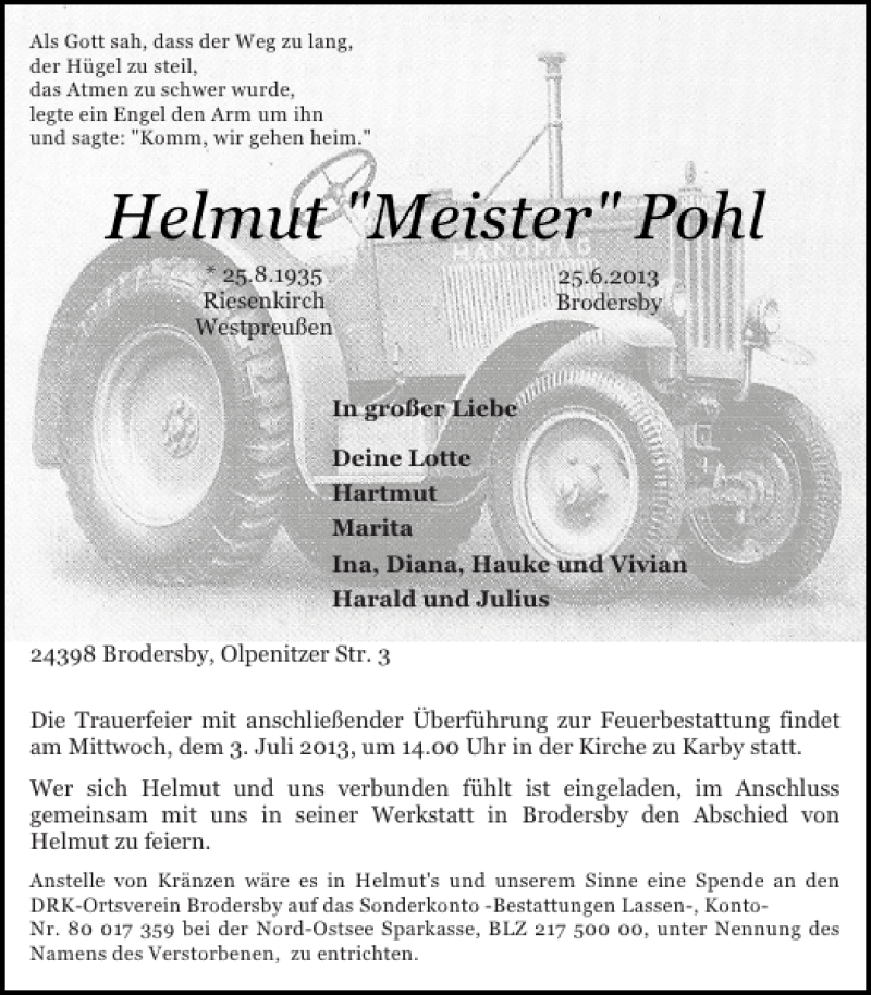  Traueranzeige für Helmut Meister Pohl vom 28.06.2013 aus Schleswiger Nachrichten