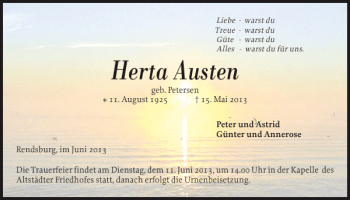 Traueranzeige von Herta Austen von Landeszeitung