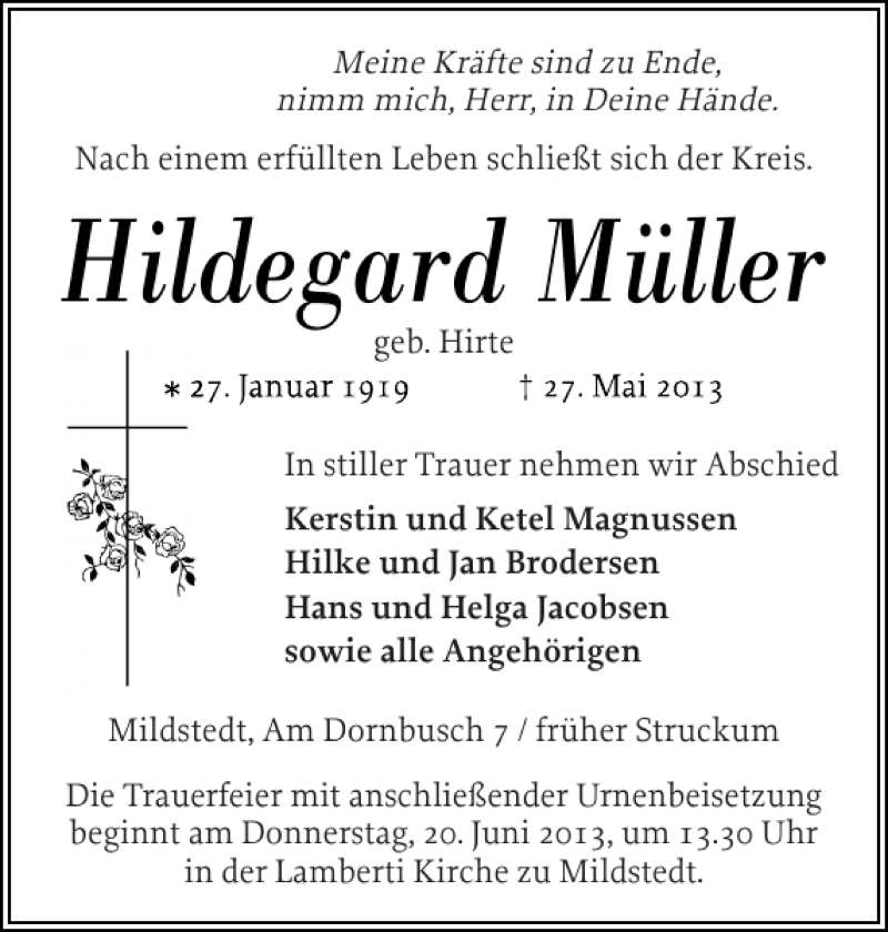  Traueranzeige für Hildegard Müller vom 01.06.2013 aus Husumer Nachrichten