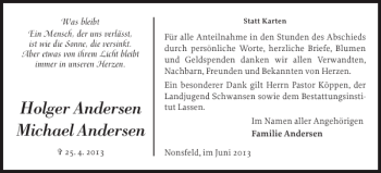 Traueranzeige von Holger Andersen Michael Andersen von Schlei-Bote
