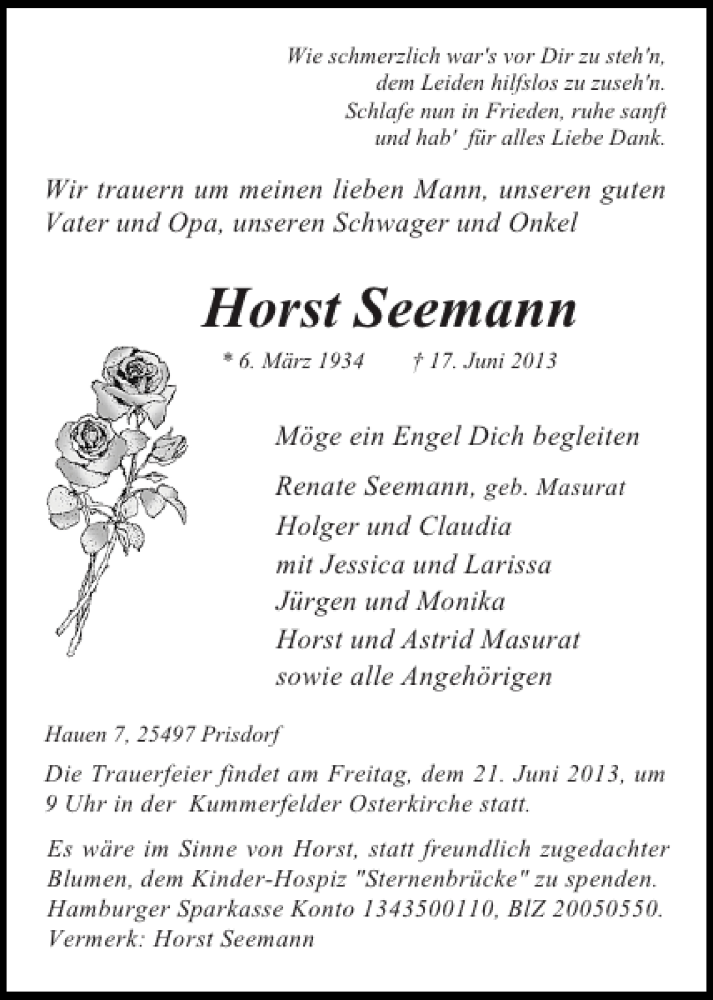  Traueranzeige für Horst Seemann vom 19.06.2013 aus Pinneberger Tageblatt