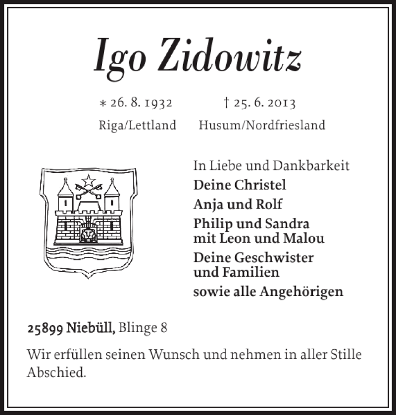 Traueranzeige für Igo Zidowitz vom 28.06.2013 aus Nordfriesland Tageblatt