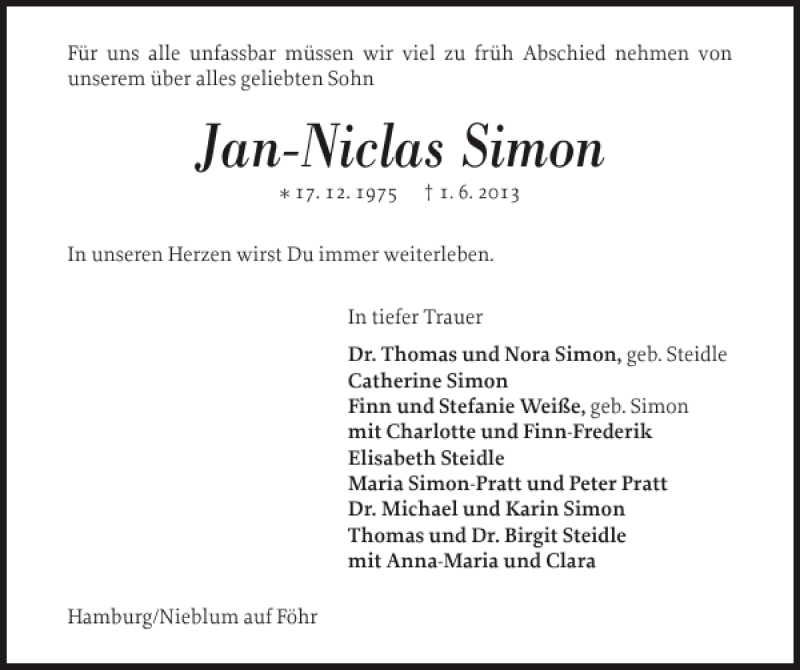  Traueranzeige für Jan-Niclas Simon vom 04.06.2013 aus Der Insel-Bote