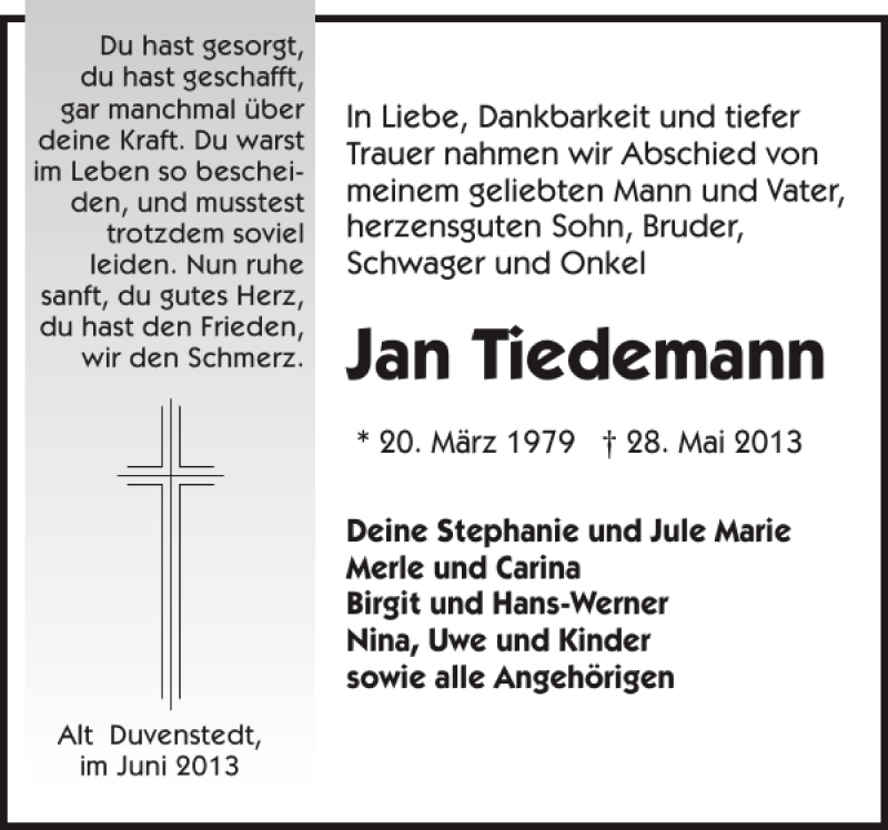  Traueranzeige für Jan Tiedemann vom 05.06.2013 aus Landeszeitung