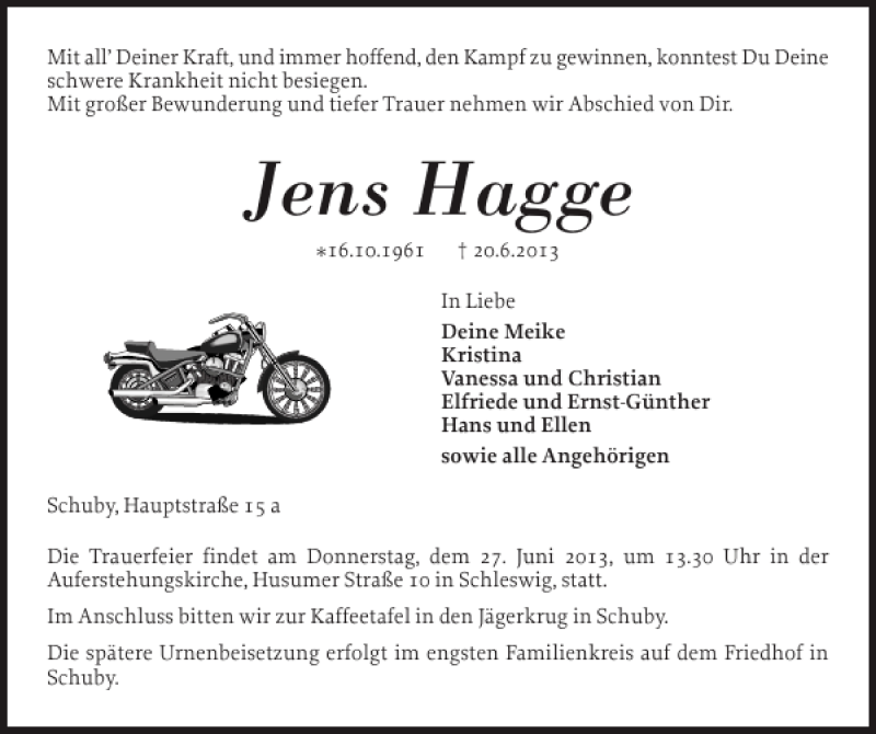  Traueranzeige für Jens Hagge vom 24.06.2013 aus Schleswiger Nachrichten